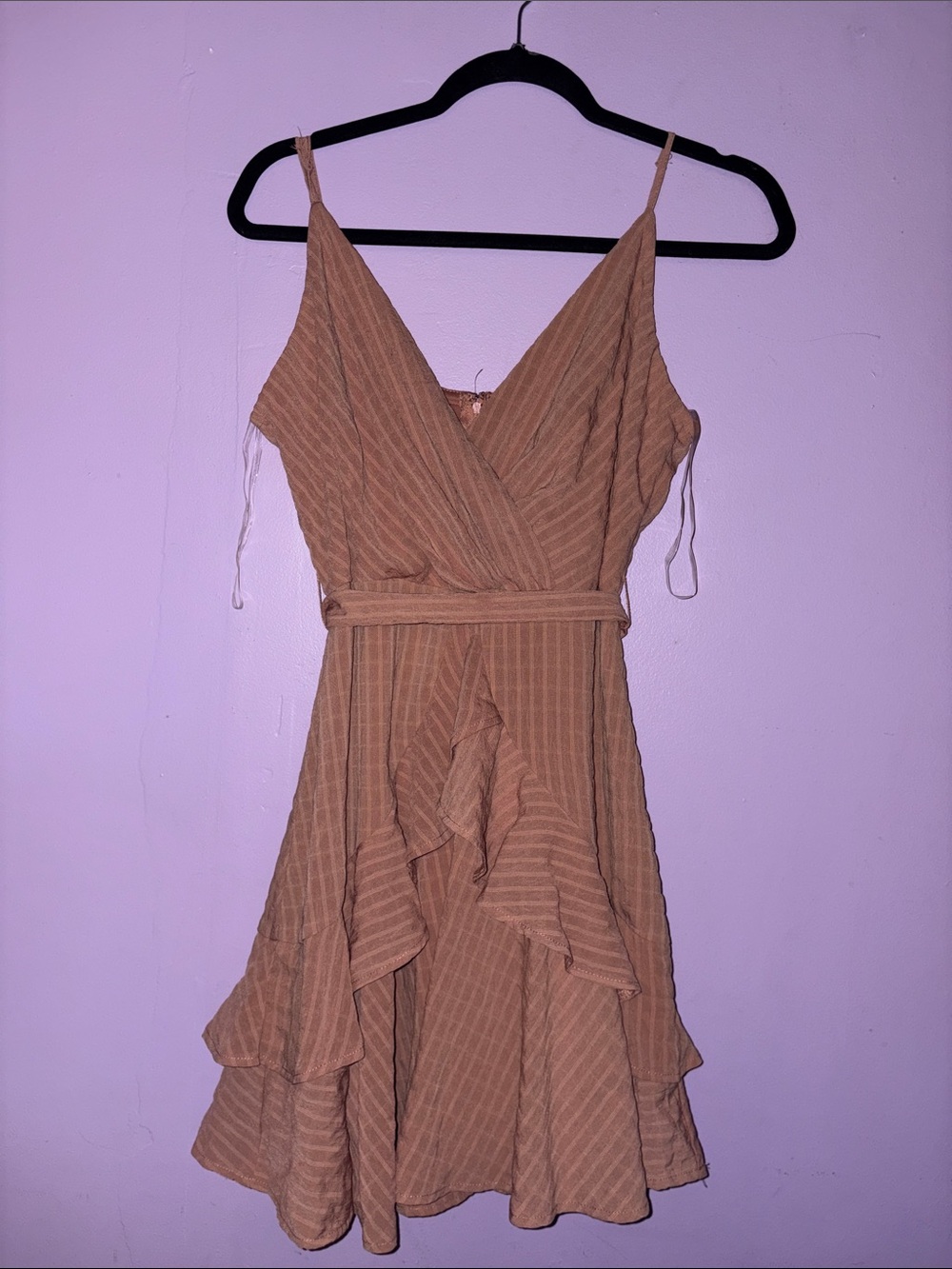 Trixxi coral/tan/burnt orange Striped Ruffle Wrap Mini Dress